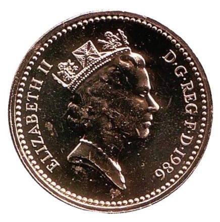 Монета 1 фунт. 1986 год, Великобритания. Растение льна и королевская диадема. BU.