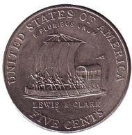 Монета 5 центов. 2004 год (P), США. Из обращения. Корабль экспедиции Льюиса и Кларка. Монета 5 центов. 2004 год (P), США. Из обращения. Корабль экспедиции Льюиса и Кларка.