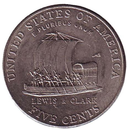 Монета 5 центов. 2004 год (P), США. Из обращения. Корабль экспедиции Льюиса и Кларка.