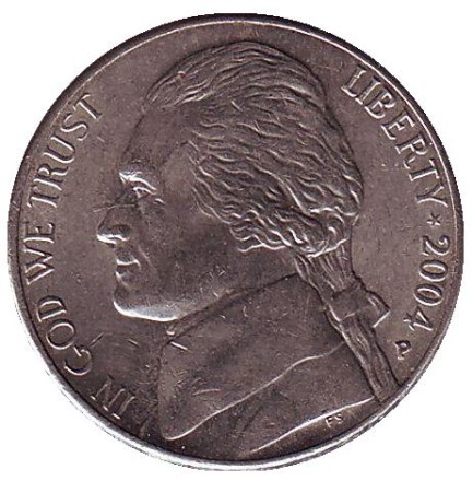 Монета 5 центов. 2004 год (P), США. Из обращения. Корабль экспедиции Льюиса и Кларка.