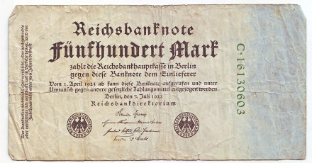 Рейхсбанкнота 500 марок. 1923 год, Веймарская республика.