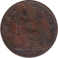 Монета 1 фартинг. 1865 год, Великобритания.