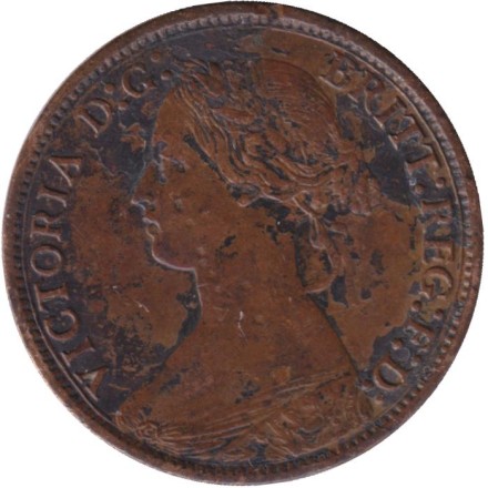 Монета 1 фартинг. 1865 год, Великобритания.