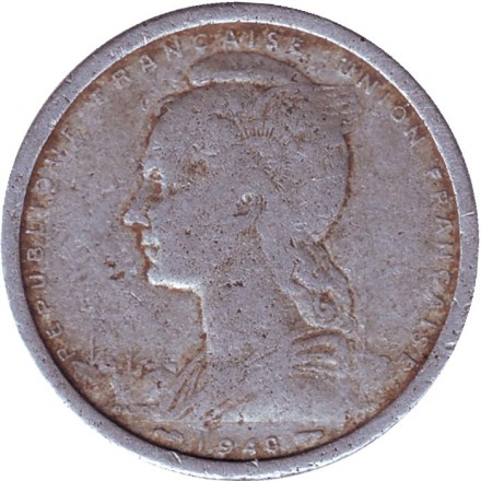 Монета 2 франка. 1948 год, Французская Западная Африка. Состояние - F. Монета 2 франка. 1948 год, Французская Западная Африка. Состояние - F.