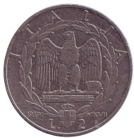 Монета 2 лиры. 1939 год, Италия. Немагнитная. (XVII).