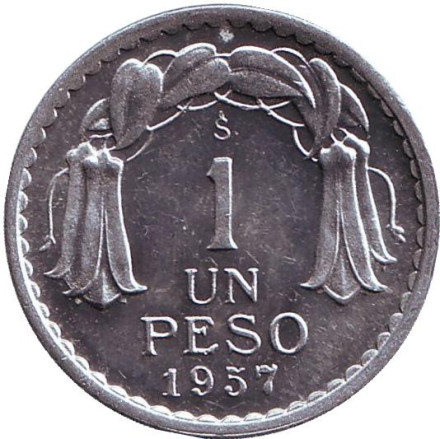 Монета 1 песо. 1957 год, Чили. aUNC. Бернардо О’Хиггинс.