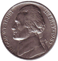 Монета 5 центов. 1985 год (P), США. Джефферсон. Монтичелло. Монета 5 центов. 1985 год (P), США. Джефферсон. Монтичелло.