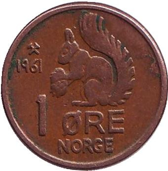 Монета 1 эре. 1961 год, Норвегия. Белка.