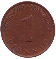 Монета 1 пфенниг. 1975 год (F), ФРГ. Дубовые листья. Монета 1 пфенниг. 1975 год (F), ФРГ. Дубовые листья.