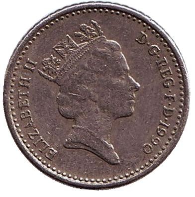 Монета 5 пенсов. 1990 год, Великобритания. Новый тип. Монета 5 пенсов. 1990 год, Великобритания. Новый тип.