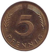 Монета 5 пфеннигов. 1983 год (J), ФРГ. Дубовые листья. Монета 5 пфеннигов. 1983 год (J), ФРГ. Дубовые листья.