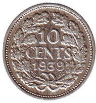 Монета 10 центов. 1939 год, Нидерланды. Монета 10 центов. 1939 год, Нидерланды.
