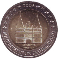 Монета 2 евро. 2006 год, Германия. Федеральные земли Германии - Голштинские ворота в Любеке, Шлезвиг-Гольштейн. Монета 2 евро. 2006 год, Германия. Федеральные земли Германии - Голштинские ворота в Любеке, Шлезвиг-Гольштейн.