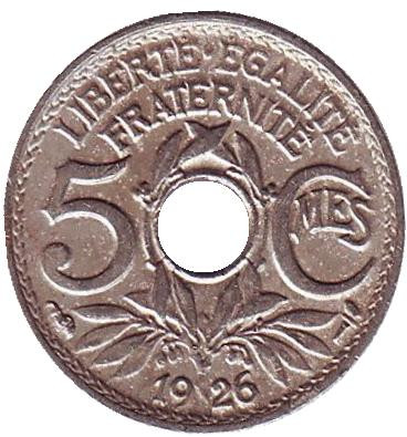 Монета 5 сантимов. 1926 год, Франция.