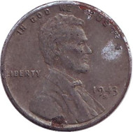 Монета 1 цент. 1943 год (S), США. Линкольн. Монета 1 цент. 1943 год (S), США. Линкольн.