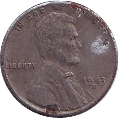 Монета 1 цент. 1943 год (S), США. Линкольн.