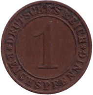 Монета 1 рейхспфенниг. 1931 год (D), Веймарская республика. Монета 1 рейхспфенниг. 1931 год (D), Веймарская республика.