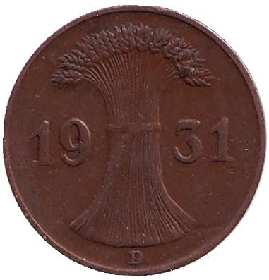 Монета 1 рейхспфенниг. 1931 год (D), Веймарская республика.