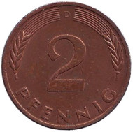 Монета 2 пфеннига. 1977 год (D), ФРГ. Дубовые листья. Монета 2 пфеннига. 1977 год (D), ФРГ. Дубовые листья.