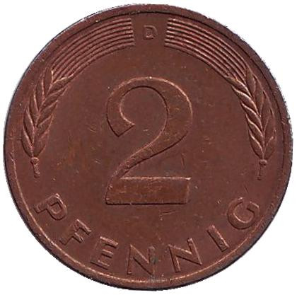 Монета 2 пфеннига. 1977 год (D), ФРГ. Дубовые листья.