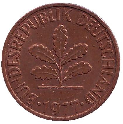 Монета 2 пфеннига. 1977 год (D), ФРГ. Дубовые листья. Монета 2 пфеннига. 1977 год (D), ФРГ. Дубовые листья.