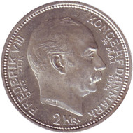 Монета 2 кроны. 1912 год, Дания. Смерть Фредерика VIII и вступление на престол Кристиана X. Монета 2 кроны. 1912 год, Дания. Смерть Фредерика VIII и вступление на престол Кристиана X.
