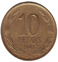 Монета 10 песо. 1997 год, Чили. Бернардо О’Хиггинс. Монета 10 песо. 1997 год, Чили. Бернардо О’Хиггинс.