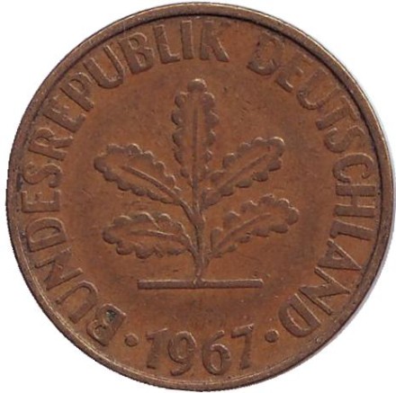 Монета 10 пфеннигов. 1967 год (F), ФРГ. Дубовые листья. Монета 10 пфеннигов. 1967 год (F), ФРГ. Дубовые листья.