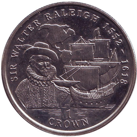Монета 1 крона, 1999 год, Остров Мэн. Сэр Уолтер Рэйли (1552-1618).