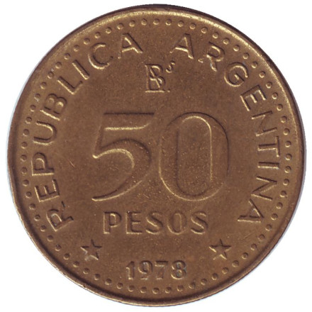 Монета 50 песо. 1978 год, Аргентина. Генерал Хосе де Сан-Мартин (200 лет со дня рождения).