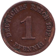 Монета 1 пфенниг. 1912 год (D), Германская империя. Монета 1 пфенниг. 1912 год (D), Германская империя.