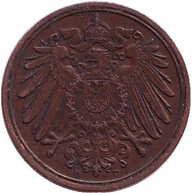 Монета 1 пфенниг. 1912 год (D), Германская империя.