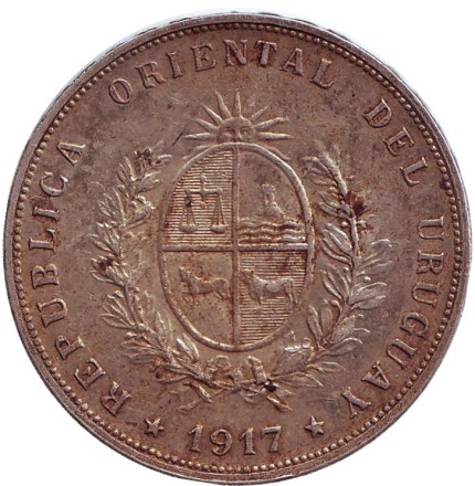 Монета 50 сентесимо. 1917 год, Уругвай.