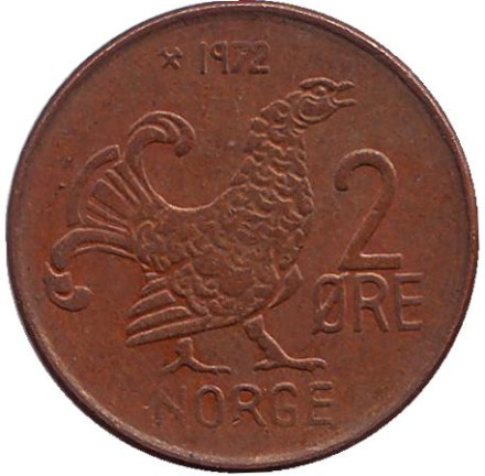 Монета 2 эре. 1972 год, Норвегия. (Из обращения) Курица.
