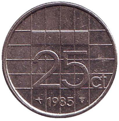 Монета 25 центов. 1985 год, Нидерланды.