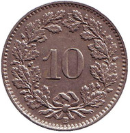 Монета 10 раппенов. 1944 год, Швейцария. Монета 10 раппенов. 1944 год, Швейцария.