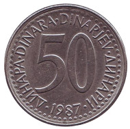 Монета 50 динаров. 1987 год, Югославия. Монета 50 динаров. 1987 год, Югославия.
