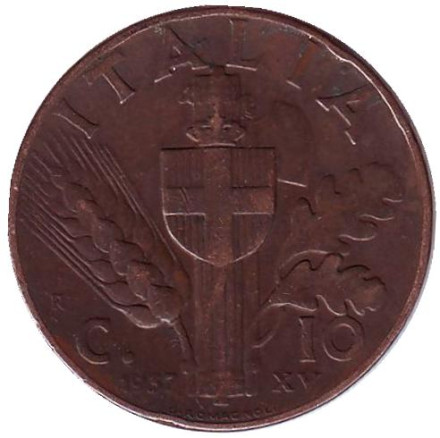 Монета 10 чентезимо. 1937 год, Италия. Король Виктор Эммануил III.