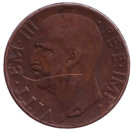 Монета 10 чентезимо. 1937 год, Италия. (Новый тип).