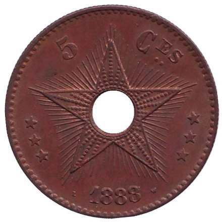 Монета 5 сантимов. 1888 год, Бельгийское Конго.