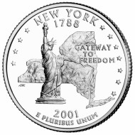 Монета 25 центов (P). 2001 год, США. Нью-Йорк. Штат № 11. Монета 25 центов (P). 2001 год, США. Нью-Йорк. Штат № 11.