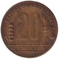 Монета 20 сентаво. 1947 год, Аргентина.
