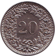 Монета 20 раппенов. 1936 год, Швейцария. Монета 20 раппенов. 1936 год, Швейцария.