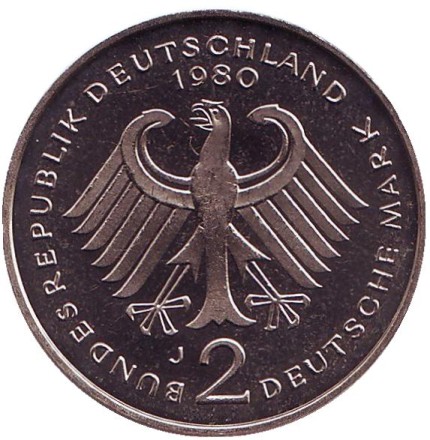 Монета 2 марки. 1980 год (J), ФРГ. Конрад Аденауэр. Монета 2 марки. 1980 год (J), ФРГ. Конрад Аденауэр.