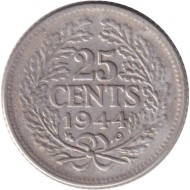 Монета 25 центов. 1944 год, Нидерланды.