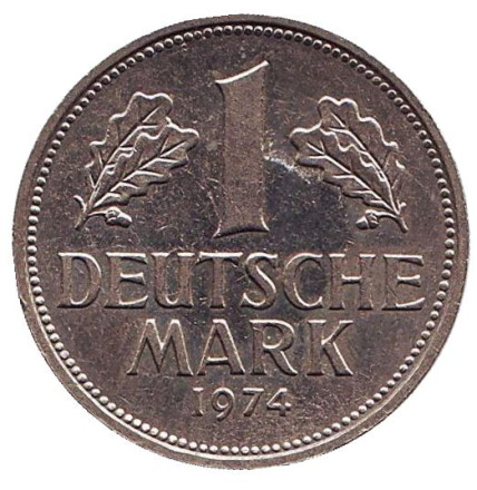 Монета 1 марка. 1974 (J) год, ФРГ.