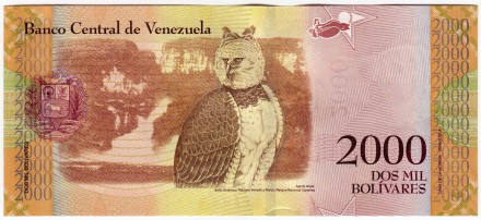 Банкнота 2000 боливаров. 2016 год, Венесуэла. (в/з - Гуаикайпуро). Банкнота 2000 боливаров. 2016 год, Венесуэла. (в/з - Гуаикайпуро).