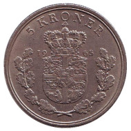 Монета 5 крон. 1965 год, Дания. Монета 5 крон. 1965 год, Дания.