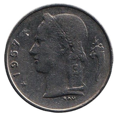 Монета 1 франк. 1957 год, Бельгия. (Belgie)