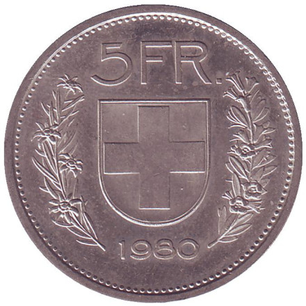 Монета 5 франков. 1980 год, Швейцария. Вильгельм Телль.